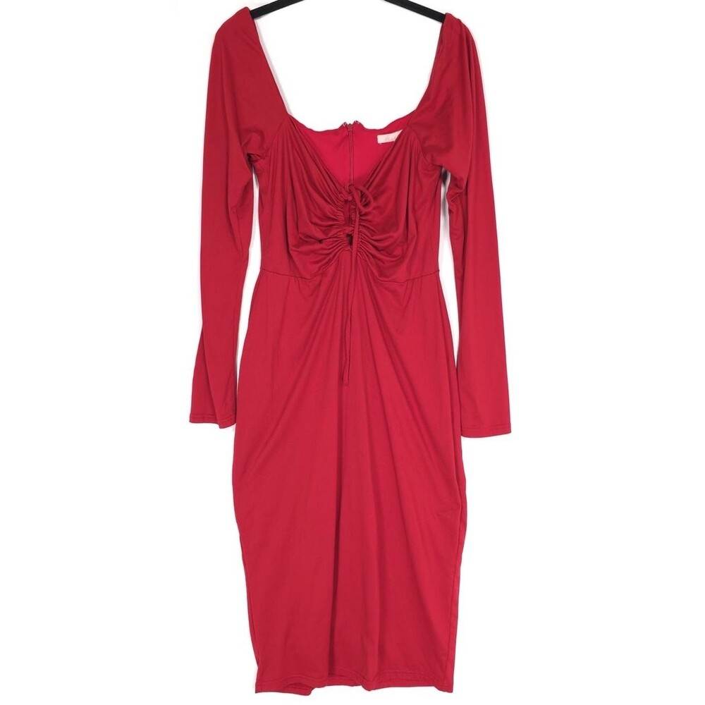ANTHROPOLOGIE Hutch Halston Ember Stretch Jersey Midi Dress Size 8 Red Ruched